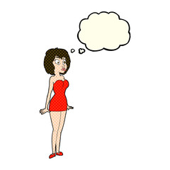 cartoon surprised woman in short dress with thought bubble