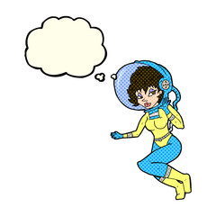 cartoon space woman with thought bubble