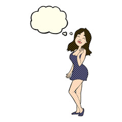 cartoon pretty woman in cocktail dress with thought bubble