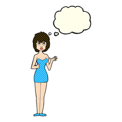 cartoon confused woman in cocktail dress with thought bubble