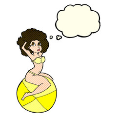 cartoon pin up girl sitting on ball with thought bubble