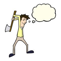 cartoon man swinging axe with thought bubble