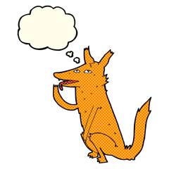 cartoon fox licking paw with thought bubble