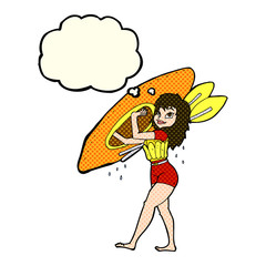 cartoon woman carrying canoe with thought bubble