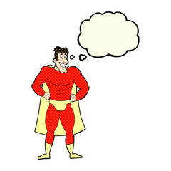 cartoon superhero with thought bubble