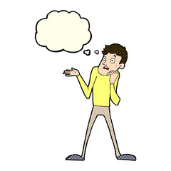 cartoon nervous man with thought bubble