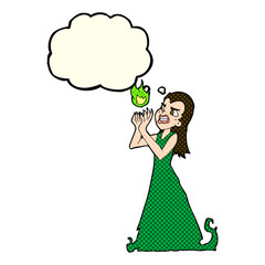 cartoon witch woman casting spell with thought bubble