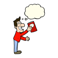 cartoon man with book with thought bubble