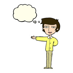 cartoon man gesturing welcome with thought bubble