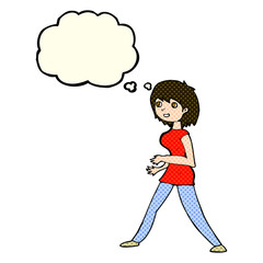 cartoon woman walking with thought bubble