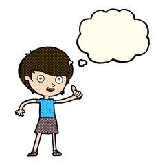 cartoon boy giving thumbs up symbol with thought bubble