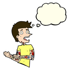 cartoon man with tattoos with thought bubble