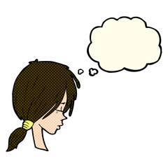 cartoon girl looking thoughtful with thought bubble