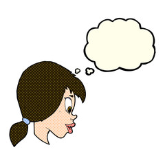 cartoon pretty female face with thought bubble