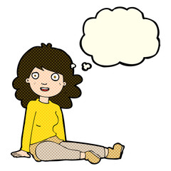 cartoon happy woman with thought bubble