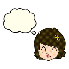 cartoon happy female face with thought bubble