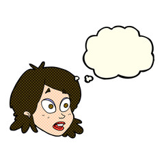cartoon female face with surprised expression with thought bubbl