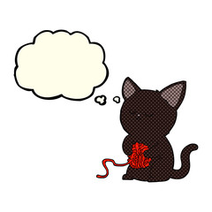 cartoon cute black cat playing with ball of yarn with thought bu