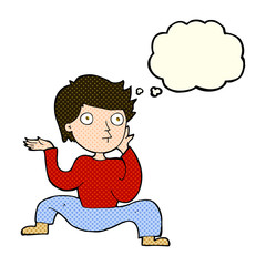cartoon boy doing crazy dance with thought bubble