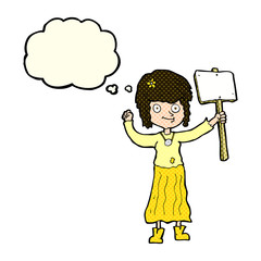 cartoon hippie girl with protest sign with thought bubble