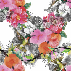 Tropical floral watercolor seamless pattern with colibris and