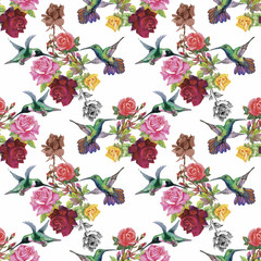 Naklejka premium Tropical floral watercolor seamless pattern with colibris and