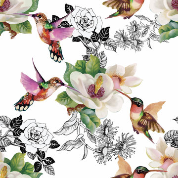 Tropical floral watercolor seamless pattern with colibris and