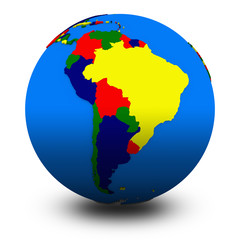 Fototapeta na wymiar south America on political globe illustration