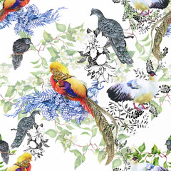 Wild Pheasant animals birds in watercolor floral seamless