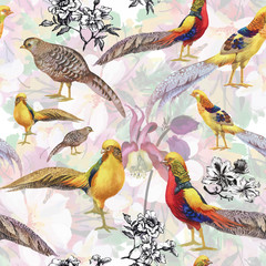 Wild Pheasant animals birds in watercolor floral seamless