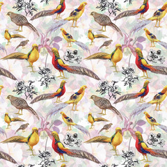 Obraz premium Wild Pheasant animals birds in watercolor floral seamless
