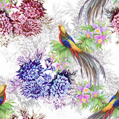 Wild Pheasant animals birds in watercolor floral seamless