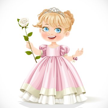 Little cute princess in tiara with beautiful white rose on a lon