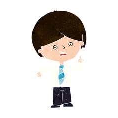 cartoon worried school boy raising hand