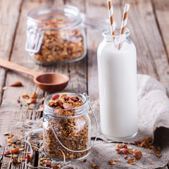 Granola with milk.Dry Breakfast.selective focus