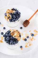 Homemade yoghurt with blueberry,almond and honey.selective focus