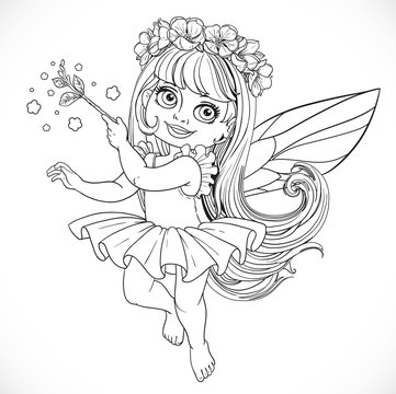 Cute little spring fairy girl in tutu with Magic wand outline is