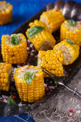 Boiled corn pieces with Basil and salt.selective focus