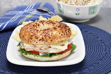 Turkey, lettuce, tomato and swiss cheese sandwich on an onion ba