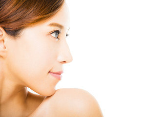 side view young smiling  woman with clean face