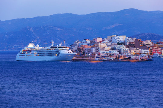 Agios Nikolaos City and Cruse Ship at Night, Crete, Greece