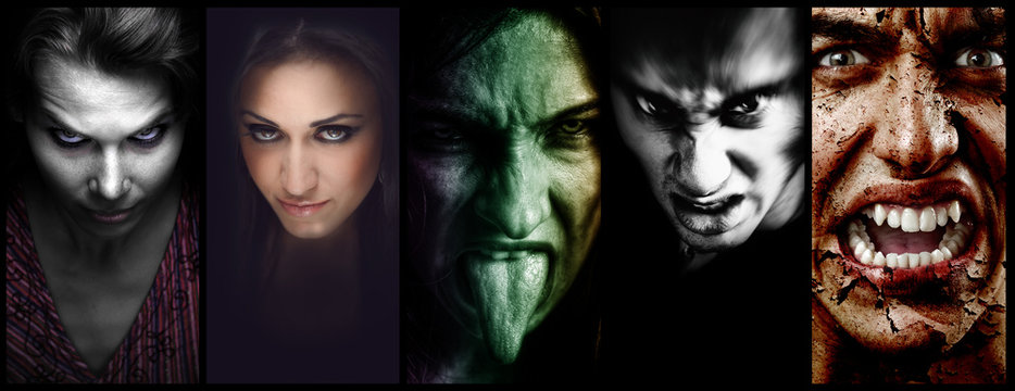 Halloween collage – evil scary faces of women and men