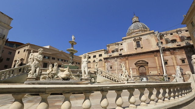 Pan Shot Fontana Pretoria of Piazza Pretoria at Palermo Sicily Italy