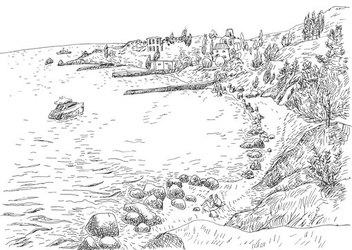Sea coast with piers and rocky shore in the Crimea. Monochrome freehand ink drawn backdrop sketchy in art doodle style pen.
