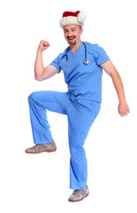 Happy excited Christmas santa doctor.