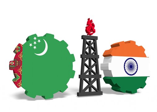 turkmenistan and india flags on gears, gas rig between them