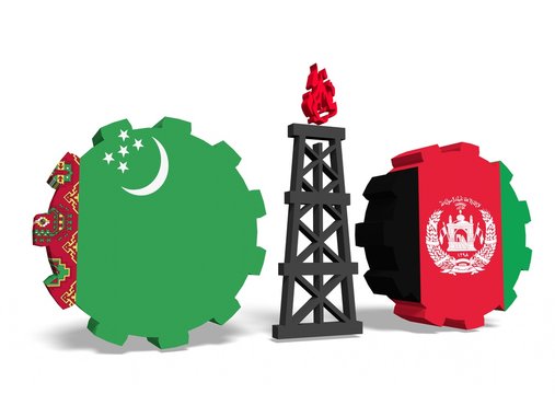 turkmen and afghanistan flags on gears, gas rig between them