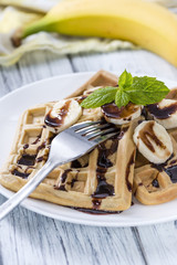 Waffles with Bananas and Chocolate Sauce