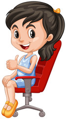 Girl on red chair having thumb up