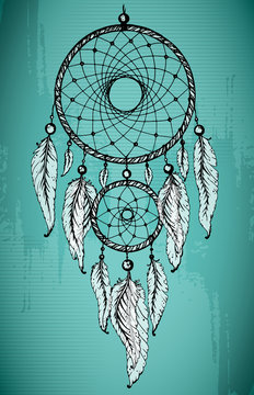 Hand drawn dream catcher with ornamental feathers on grunge green